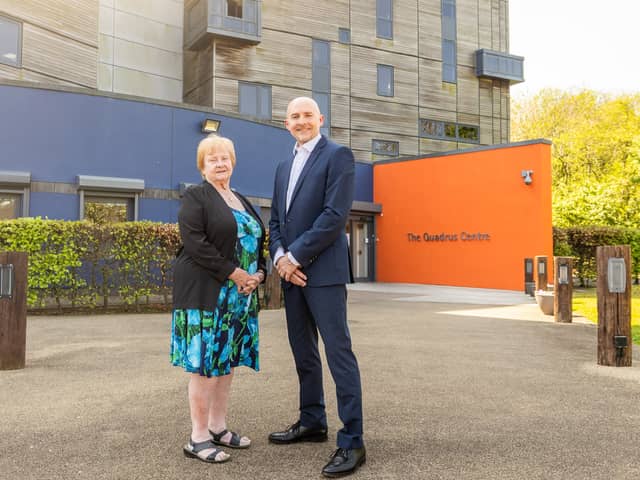 Cllr Margaret Meling with Bardex Business Development Director, Ian Finch, at the Quadrus Centre.